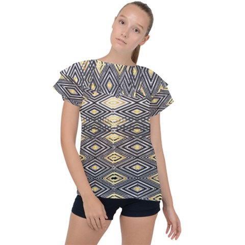 Gold Triangles And Black Pattern By Flipstylez Designs Ruffle Collar Chiffon Blouse by flipstylezfashionsLLC