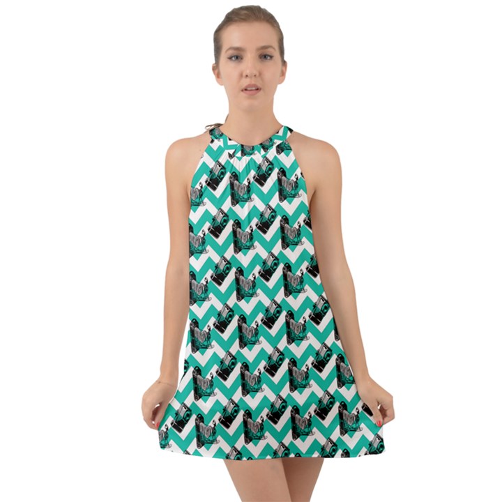 Vintage Camera Chevron Aqua Halter Tie Back Chiffon Dress