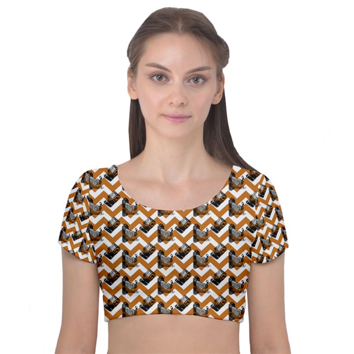 Vintage Camera Chevron Orange Velvet Short Sleeve Crop Top 