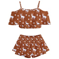 Deer Dots Orange Kids  Off Shoulder Skirt Bikini