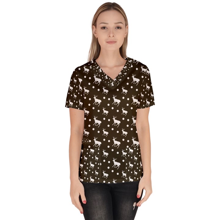 Deer Dots Brown Women s V-Neck Scrub Top