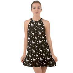 Deer Dots Brown Halter Tie Back Chiffon Dress