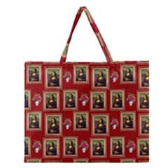 Mona Lisa Frame Pattern Red Zipper Large Tote Bag by snowwhitegirl