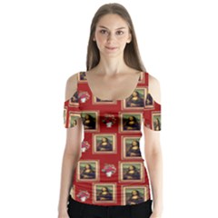 Mona Lisa Frame Pattern Red Butterfly Sleeve Cutout Tee 