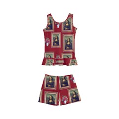 Mona Lisa Frame Pattern Red Kid s Boyleg Swimsuit