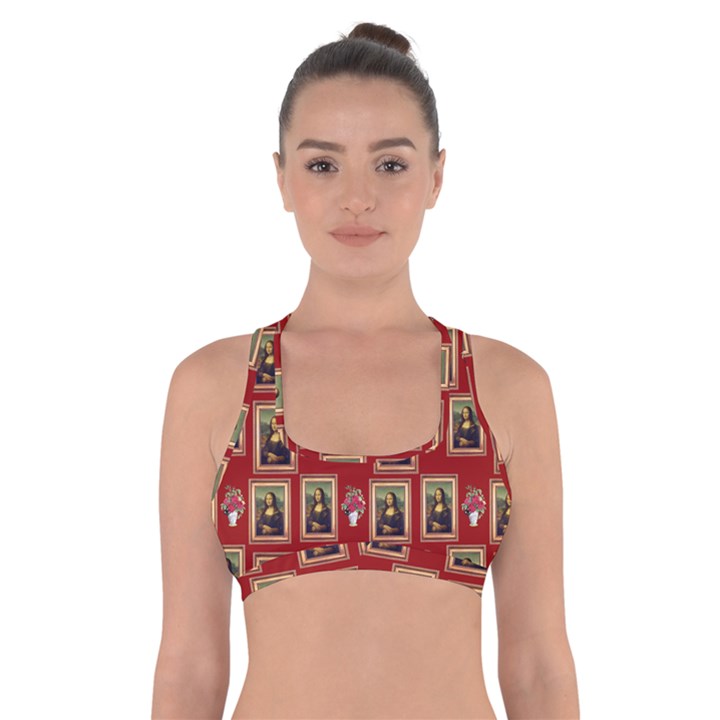 Mona Lisa Frame Pattern Red Cross Back Sports Bra