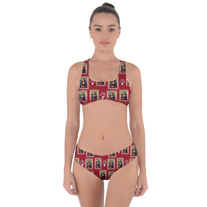 Mona Lisa Frame Pattern Red Criss Cross Bikini Set