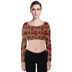 Mona Lisa Frame Pattern Red Velvet Long Sleeve Crop Top by snowwhitegirl