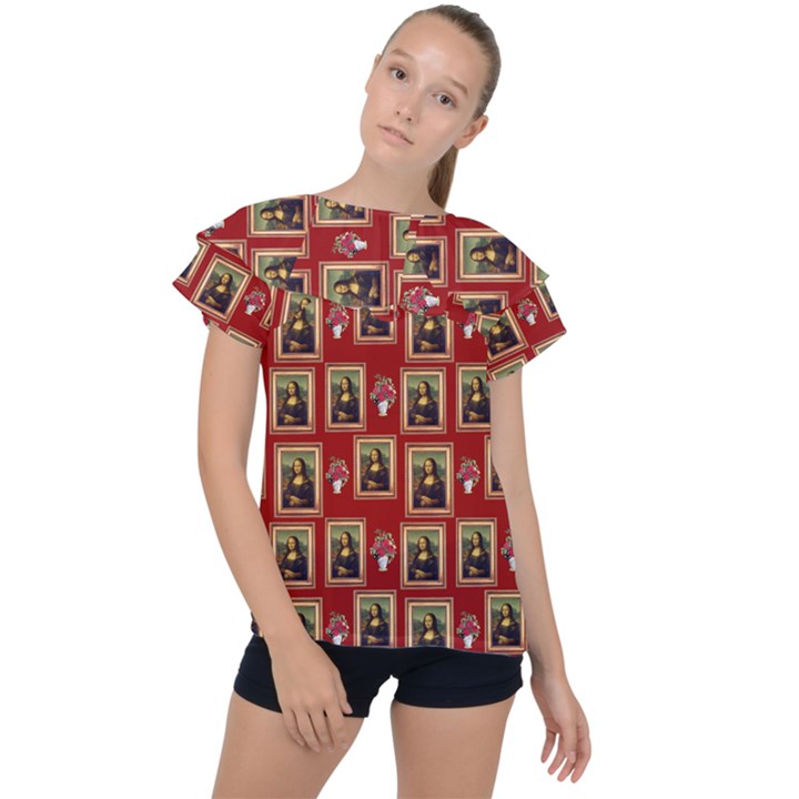 Mona Lisa Frame Pattern Red Ruffle Collar Chiffon Blouse