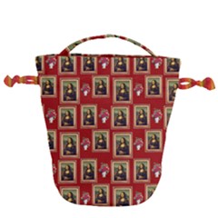 Mona Lisa Frame Pattern Red Drawstring Bucket Bag