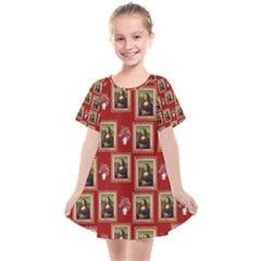 Mona Lisa Frame Pattern Red Kids  Smock Dress