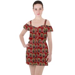 Mona Lisa Frame Pattern Red Ruffle Cut Out Chiffon Playsuit by snowwhitegirl