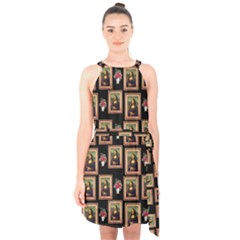 Mona Lisa Frame Pattern Halter Collar Waist Tie Chiffon Dress by snowwhitegirl