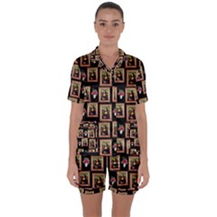 Mona Lisa Frame Pattern Satin Short Sleeve Pyjamas Set