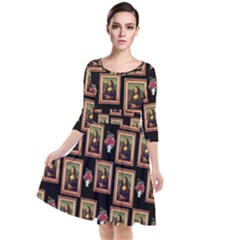 Mona Lisa Frame Pattern Quarter Sleeve Waist Band Dress