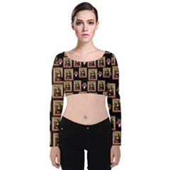 Mona Lisa Frame Pattern Velvet Long Sleeve Crop Top