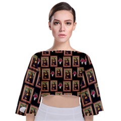 Mona Lisa Frame Pattern Tie Back Butterfly Sleeve Chiffon Top