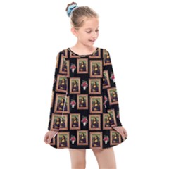 Mona Lisa Frame Pattern Kids  Long Sleeve Dress