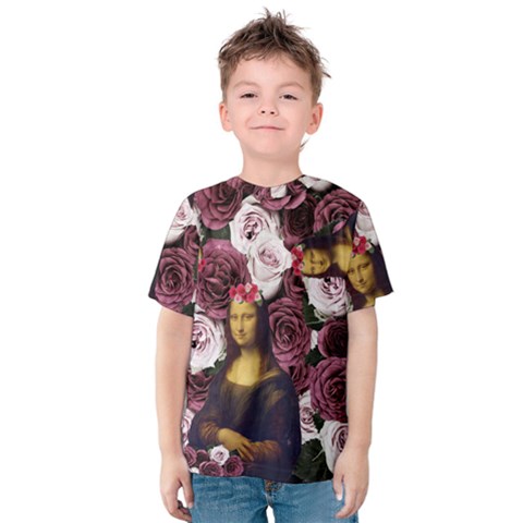 Mona Lisa Floral Black Kids  Cotton Tee by snowwhitegirl