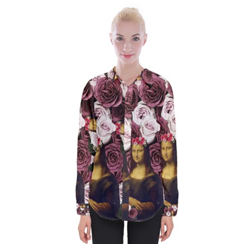 Mona Lisa Floral Black Womens Long Sleeve Shirt by snowwhitegirl