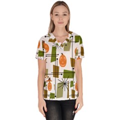 Halloween Mid Century Modern Women s V-neck Scrub Top