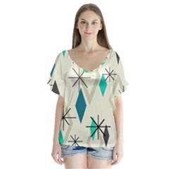 Atomic Era Diamonds (turquoise) V-neck Flutter Sleeve Top by KayCordingly