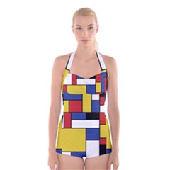 Mondrian Geometric Art Boyleg Halter Swimsuit  by KayCordingly