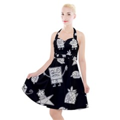 Doodle Bob Pattern Halter Party Swing Dress 