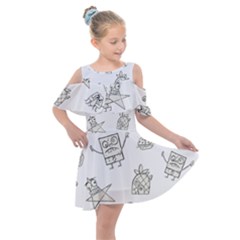 Doodle Bob Pattern Kids  Shoulder Cutout Chiffon Dress