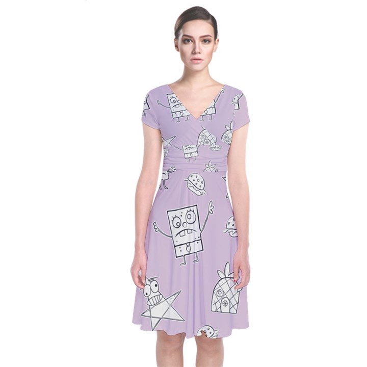 Doodle Bob Pattern Short Sleeve Front Wrap Dress