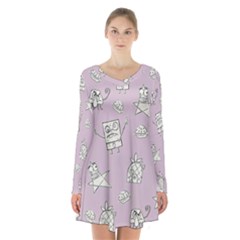 Doodle Bob Pattern Long Sleeve Velvet V-neck Dress