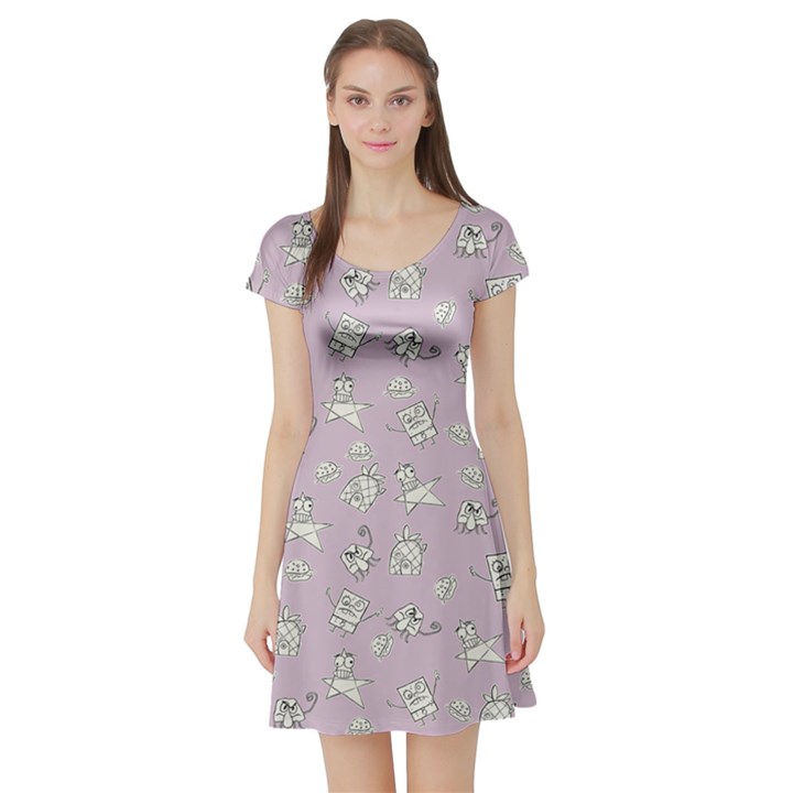 Doodle Bob Pattern Short Sleeve Skater Dress