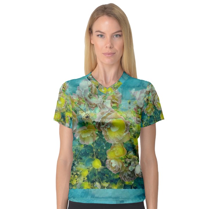 Bloom In Vintage Ornate Style V-Neck Sport Mesh Tee