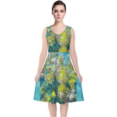 Bloom In Vintage Ornate Style V-neck Midi Sleeveless Dress  by pepitasart