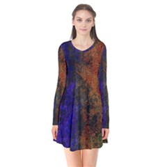 Colored Rusty Abstract Grunge Texture Print Long Sleeve V-neck Flare Dress