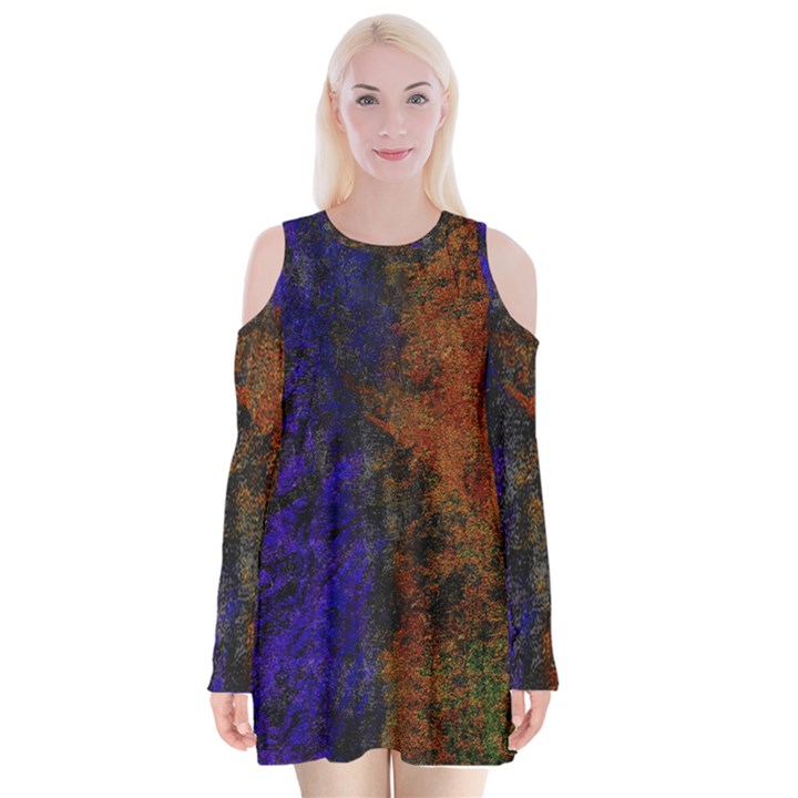 Colored Rusty Abstract Grunge Texture Print Velvet Long Sleeve Shoulder Cutout Dress