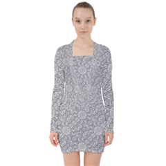 Geometric Grey Print Pattern V-neck Bodycon Long Sleeve Dress