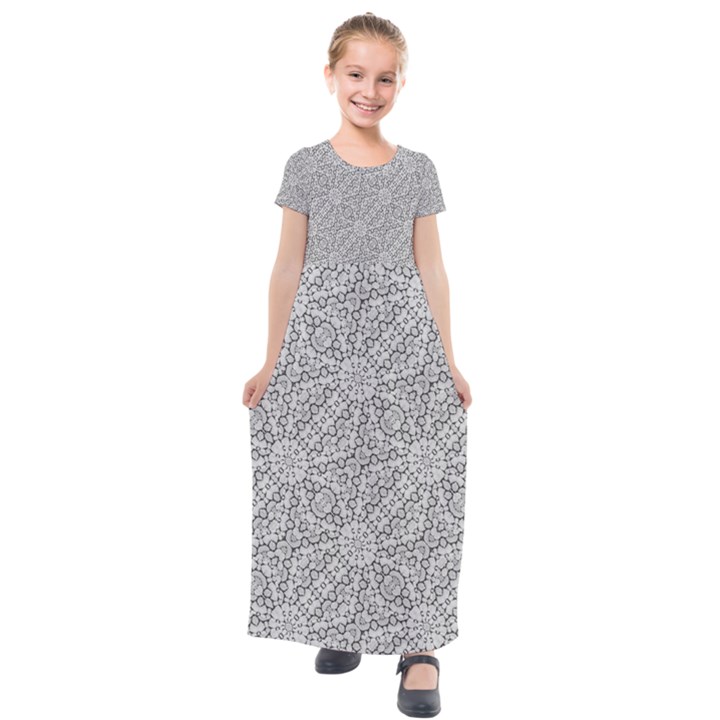 Geometric Grey Print Pattern Kids  Short Sleeve Maxi Dress