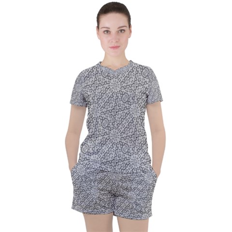 Geometric Grey Print Pattern Women s Tee And Shorts Set by dflcprints