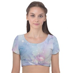 Wonderful Floral Design With Butterflies Velvet Short Sleeve Crop Top  by FantasyWorld7