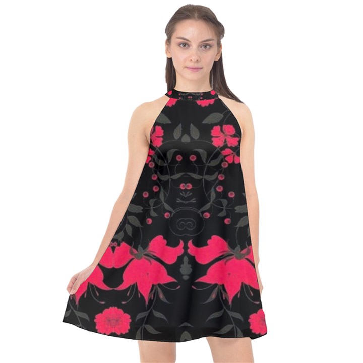 Pink floral pattern By FlipStylez Designs Halter Neckline Chiffon Dress 