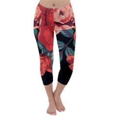 Bed Of Bright Red Roses By Flipstylez Designs Capri Winter Leggings  by flipstylezfashionsLLC