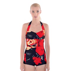 Bright Red Roses By Flipstylez Designs Boyleg Halter Swimsuit  by flipstylezfashionsLLC