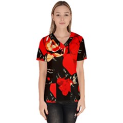 Bright Red Roses By Flipstylez Designs Women s V-neck Scrub Top by flipstylezfashionsLLC