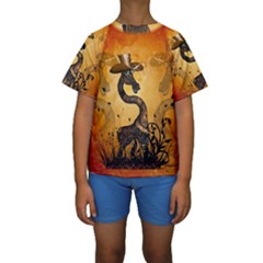 Funny Steampunk Giraffe With Hat Kids  Short Sleeve Swimwear by FantasyWorld7