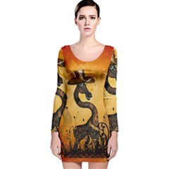 Funny Steampunk Giraffe With Hat Long Sleeve Velvet Bodycon Dress by FantasyWorld7