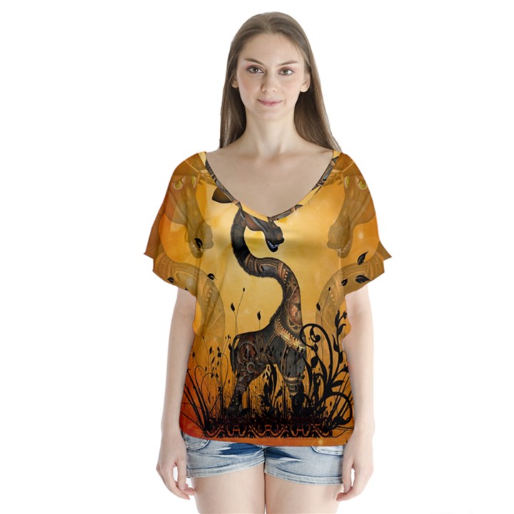 Funny Steampunk Giraffe With Hat V-Neck Flutter Sleeve Top