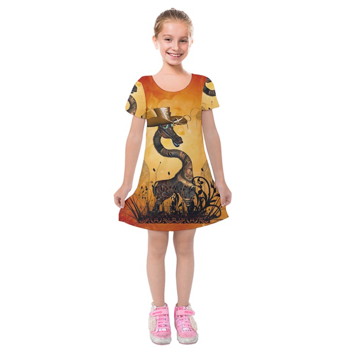 Funny Steampunk Giraffe With Hat Kids  Short Sleeve Velvet Dress