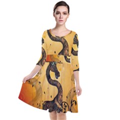 Funny Steampunk Giraffe With Hat Quarter Sleeve Waist Band Dress