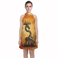 Funny Steampunk Giraffe With Hat Velvet Halter Neckline Dress  by FantasyWorld7